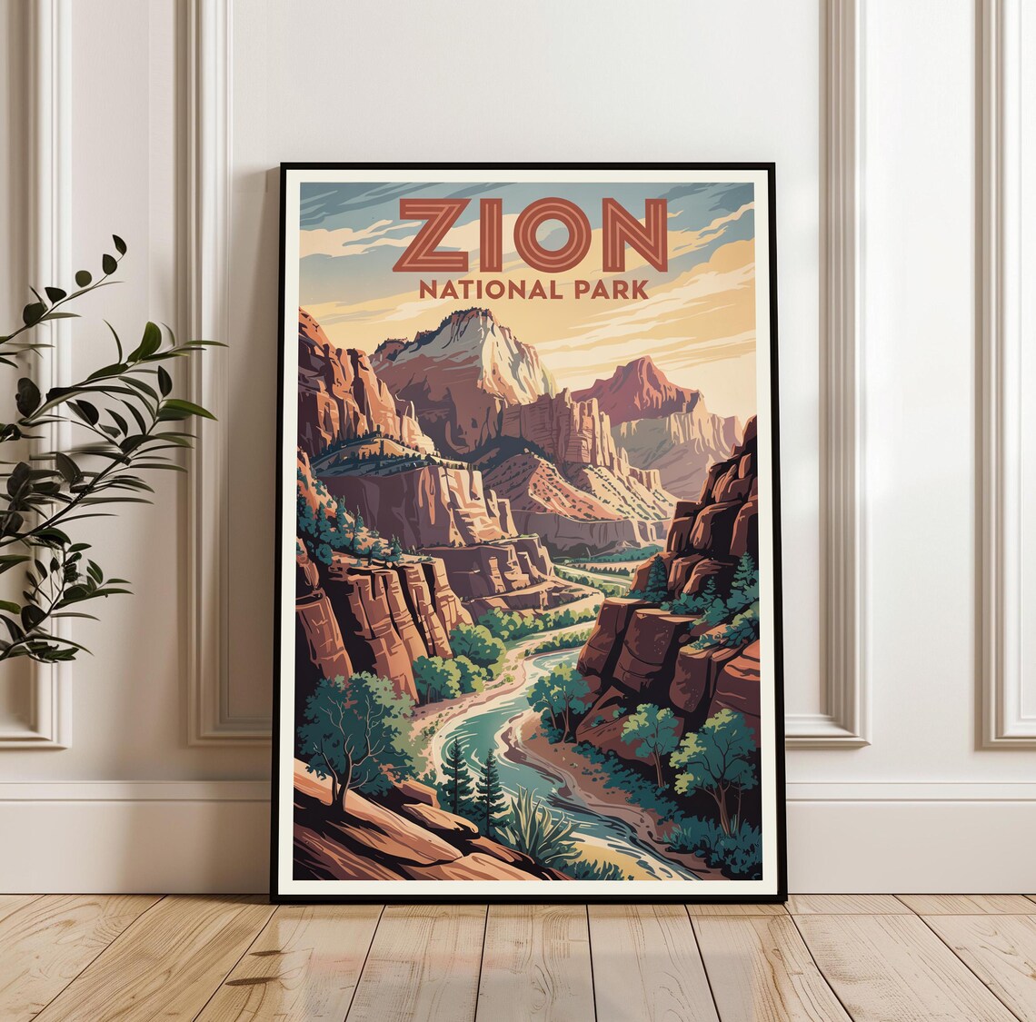 Zion National Park Red Rock Canyon River Sunset Scenic Vintage Poster