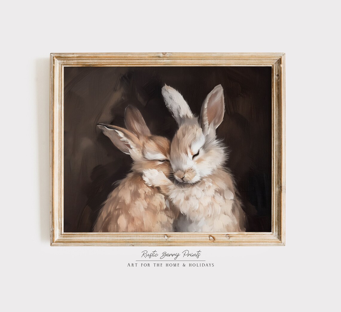 Two Cuddling Rabbits Vintage Oil Painting Dark Background Bunny Art Poster