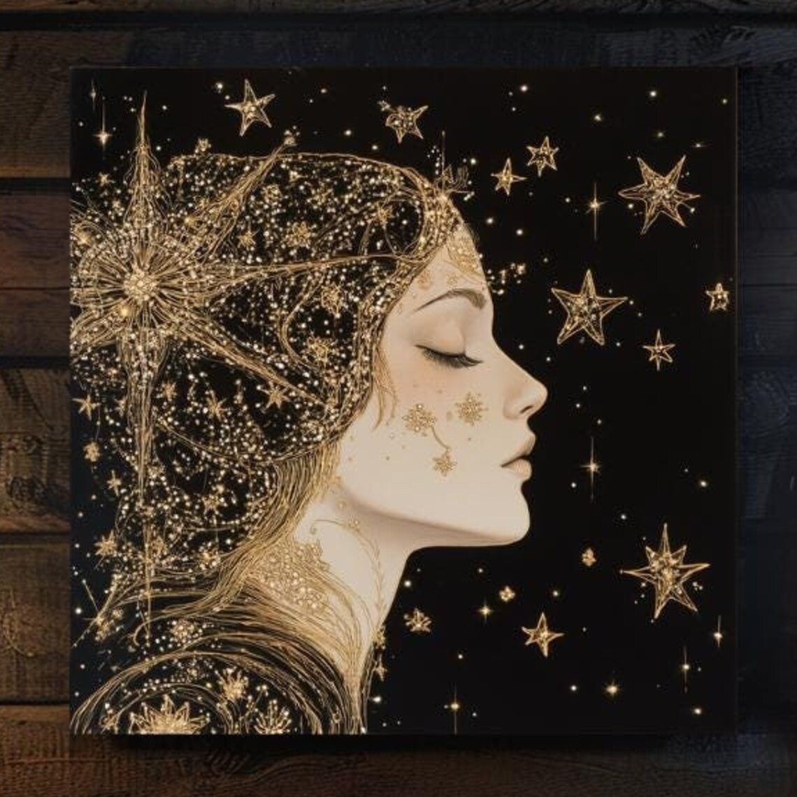Celestial Golden Goddess Starlit Profile Woman Night Sky Poster