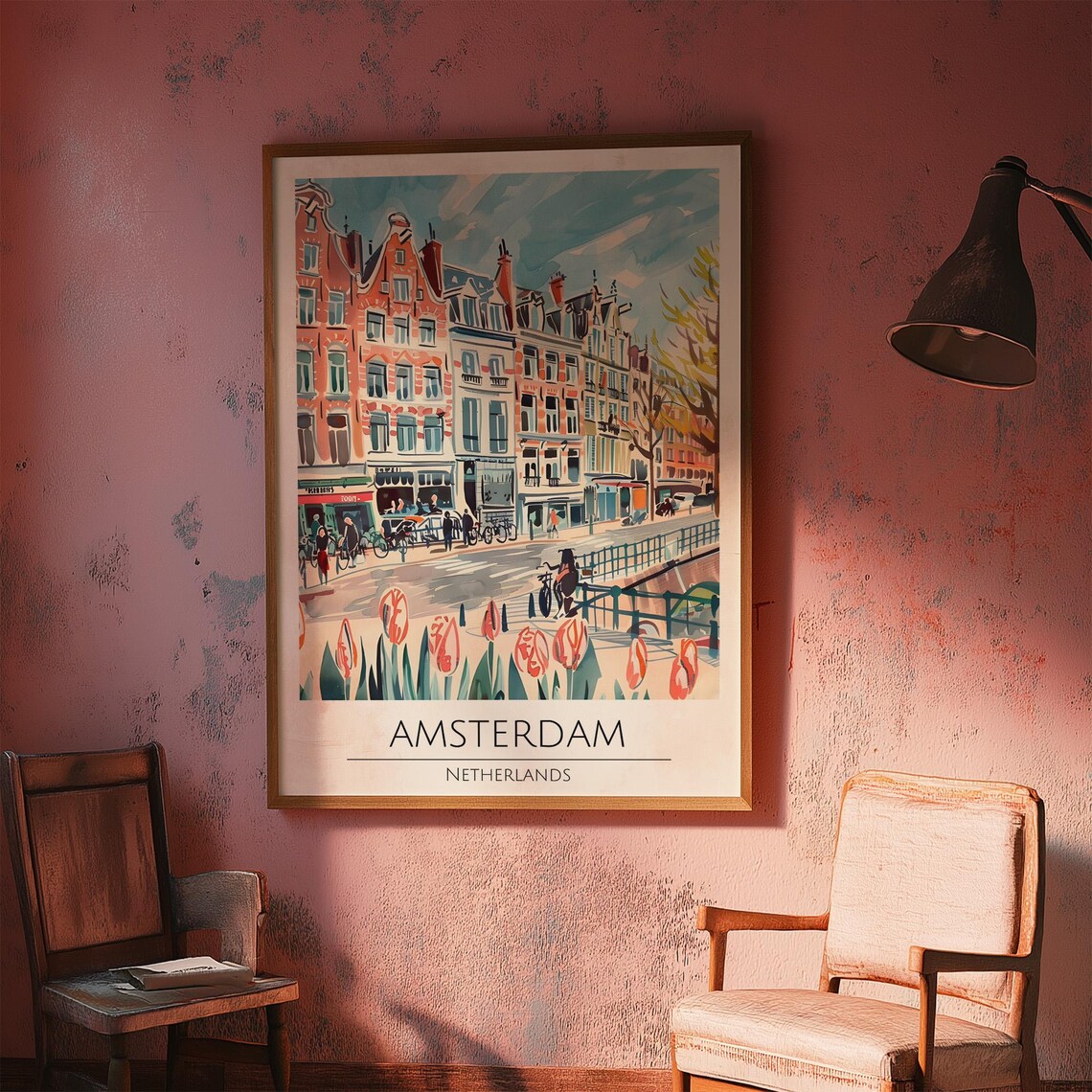 Amsterdam Canal Houses Bicycles Tulips Vintage City Travel Poster