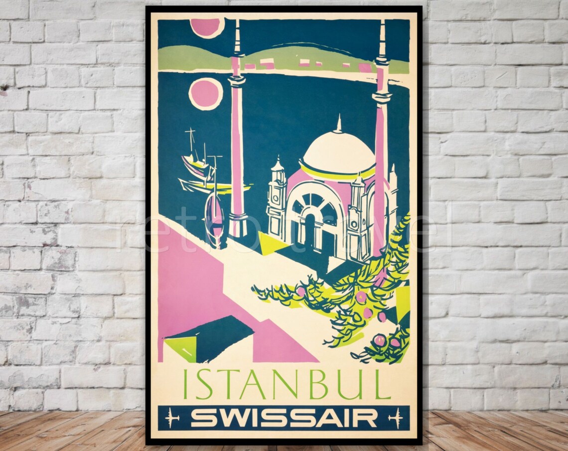 Istanbul Swissair Vintage Airline Travel Poster Mosque Sailboat