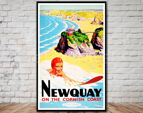 Newquay Cornwall England Travel Poster Instant Beach Travel Poster Bathing Beauty Surfing Woman Poster