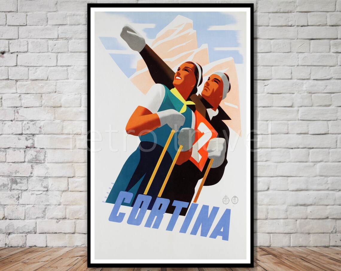 Cortina Italy Art Deco Skiers With Poles Vintage Winter Poster