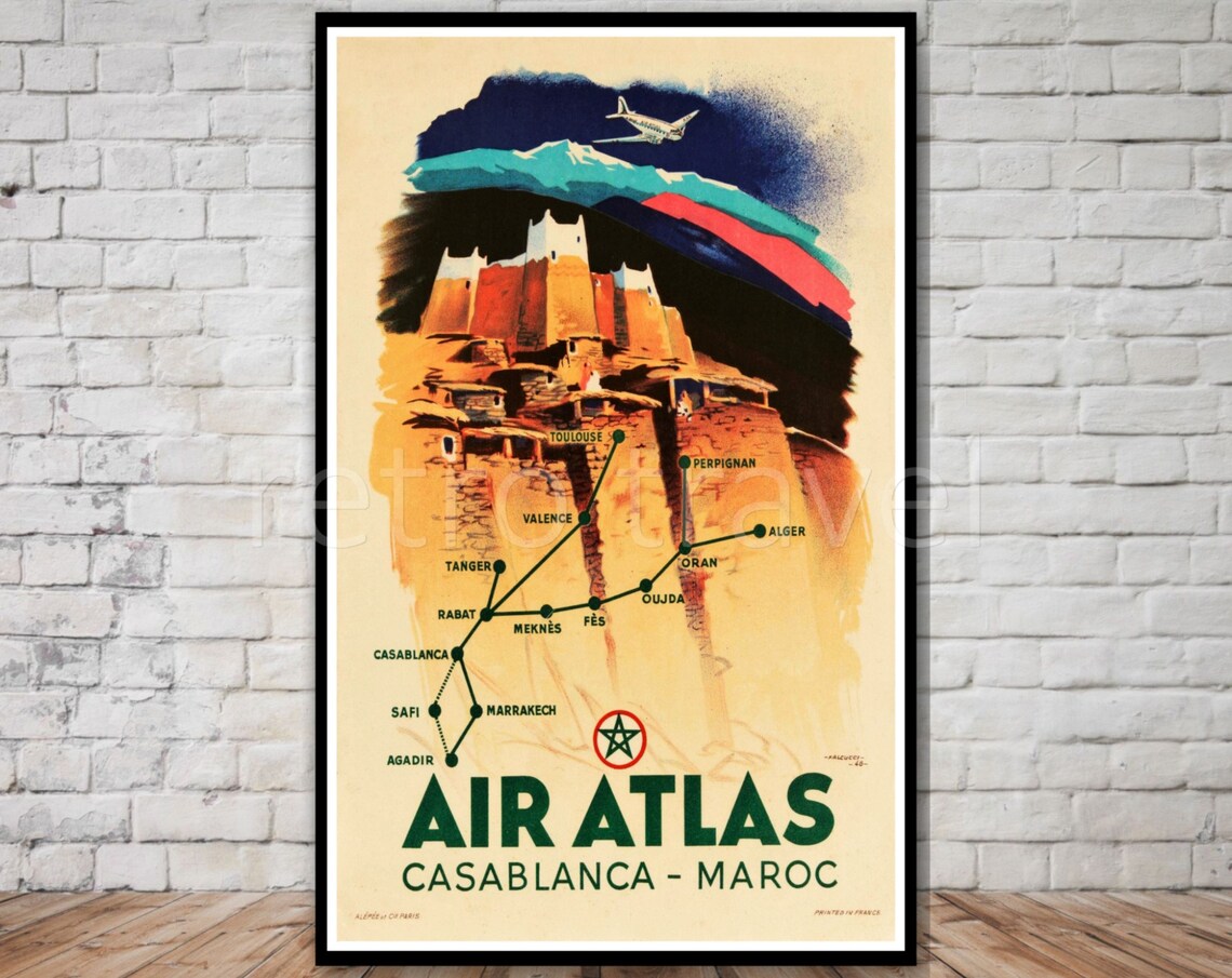 Air Atlas Casablanca Morocco Vintage Airline Route Map Poster