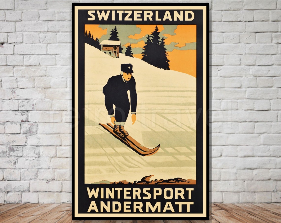 Switzerland Wintersport Andermatt Vintage Ski Jumper Poster Art