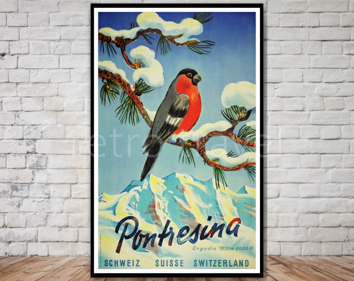 Pontresina Engadin Switzerland Vintage Travel Poster Alpine Bird Art