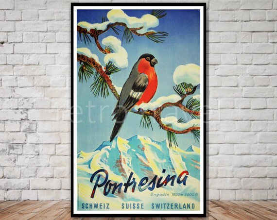 Pontresina Engadin Switzerland Vintage Travel Poster Alpine Bird Art