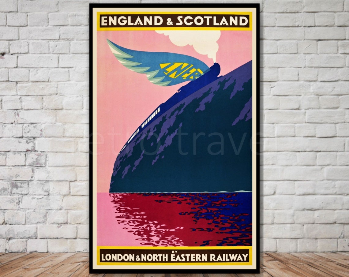 England Scotland LNER Vintage Winged Train Travel Poster Speed