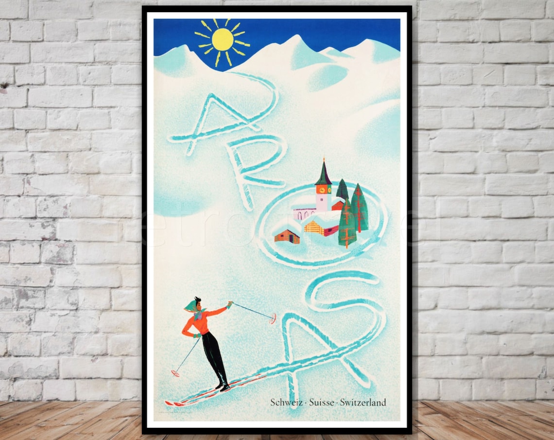 Arosa Schweiz Suisse Vintage Ski Poster Skier Drawing Snow Letters