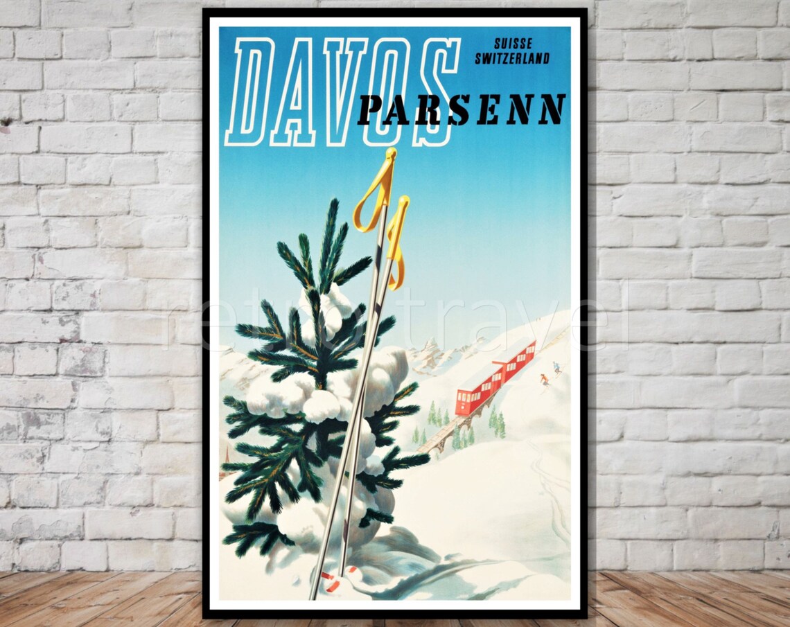 Davos Parsenn Switzerland Vintage Ski Resort Funicular Scene Poster