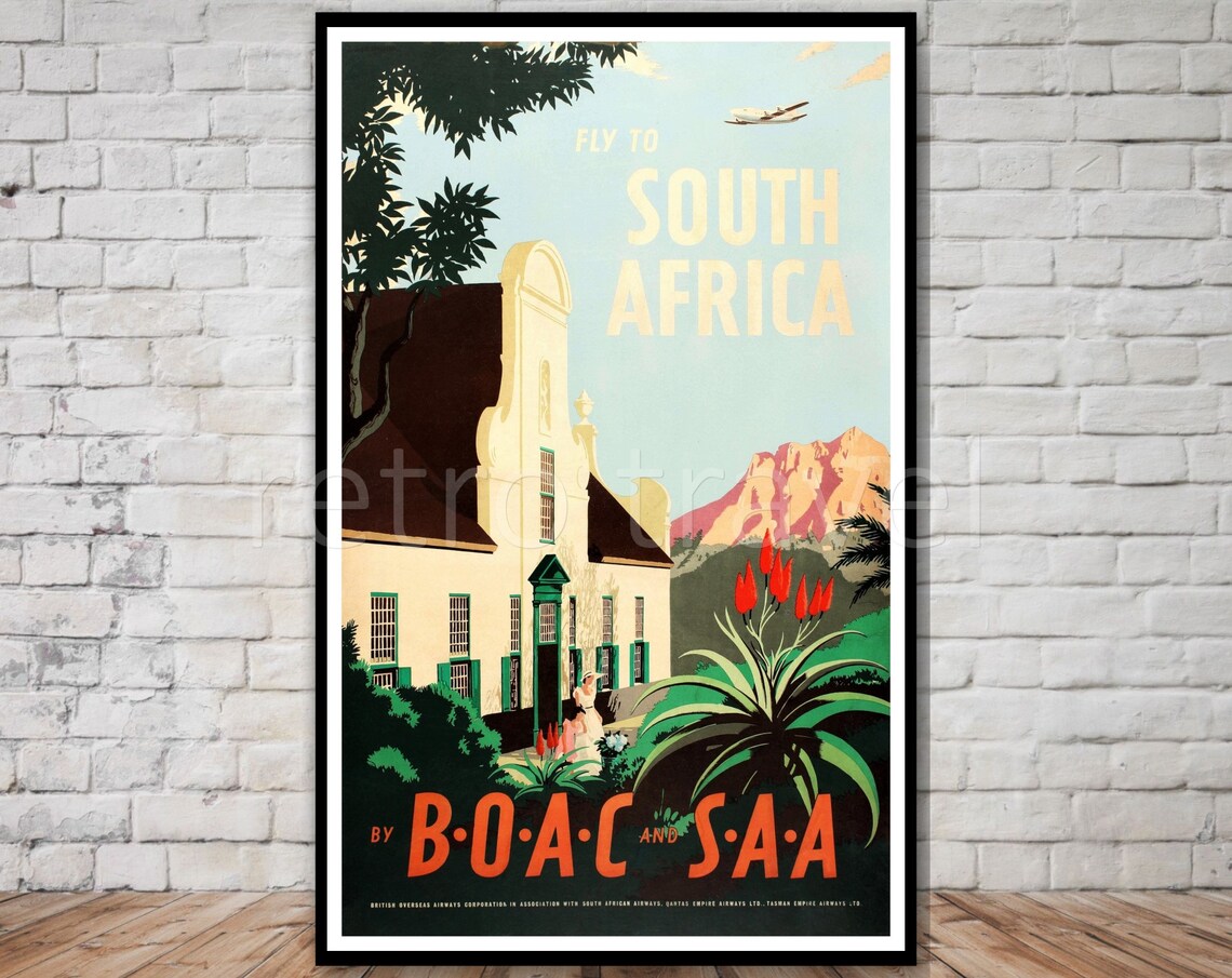 Fly To South Africa Retro Travel Poster Print