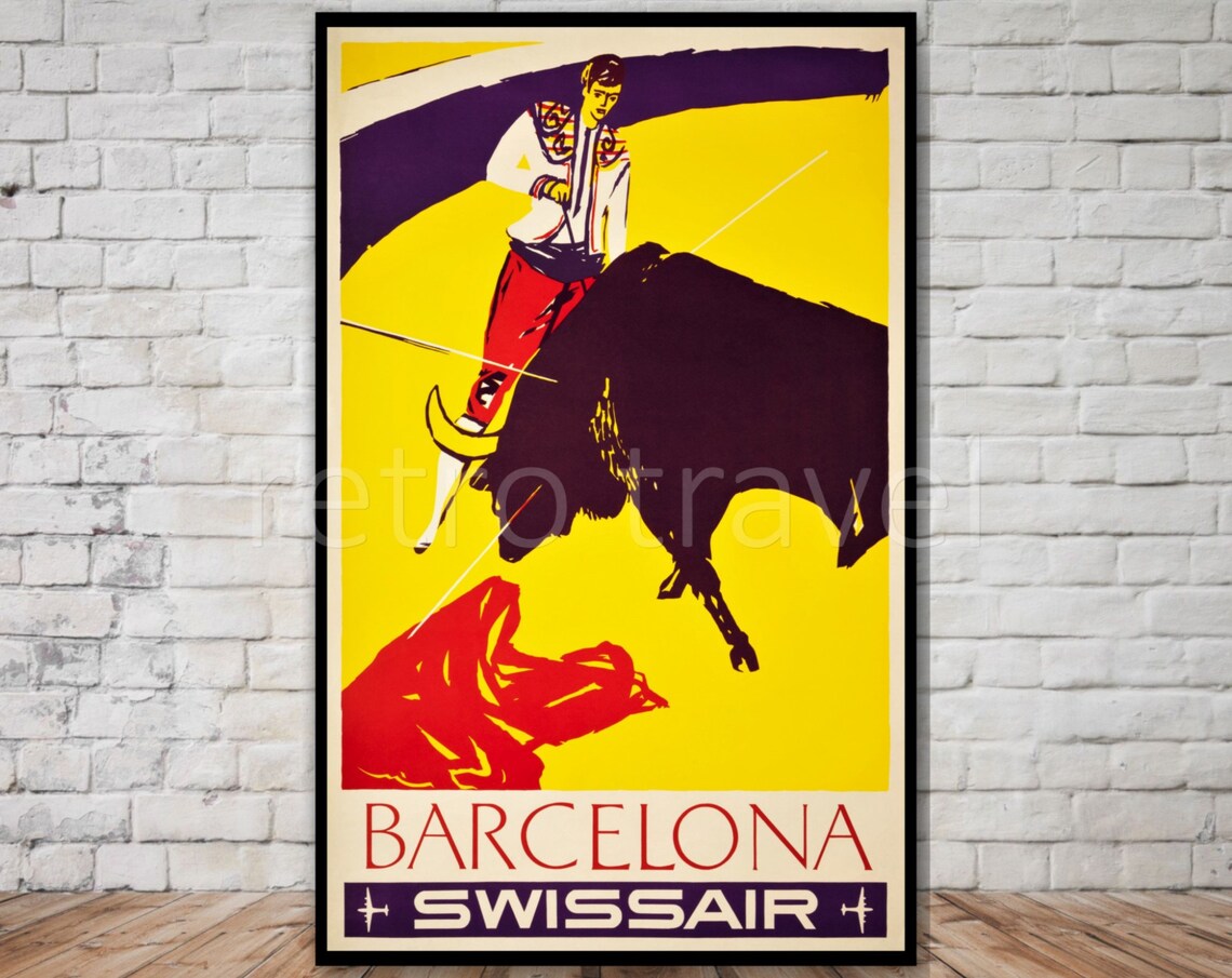 Barcelona Swissair Vintage Airline Poster Matador Bullfight Scene Art