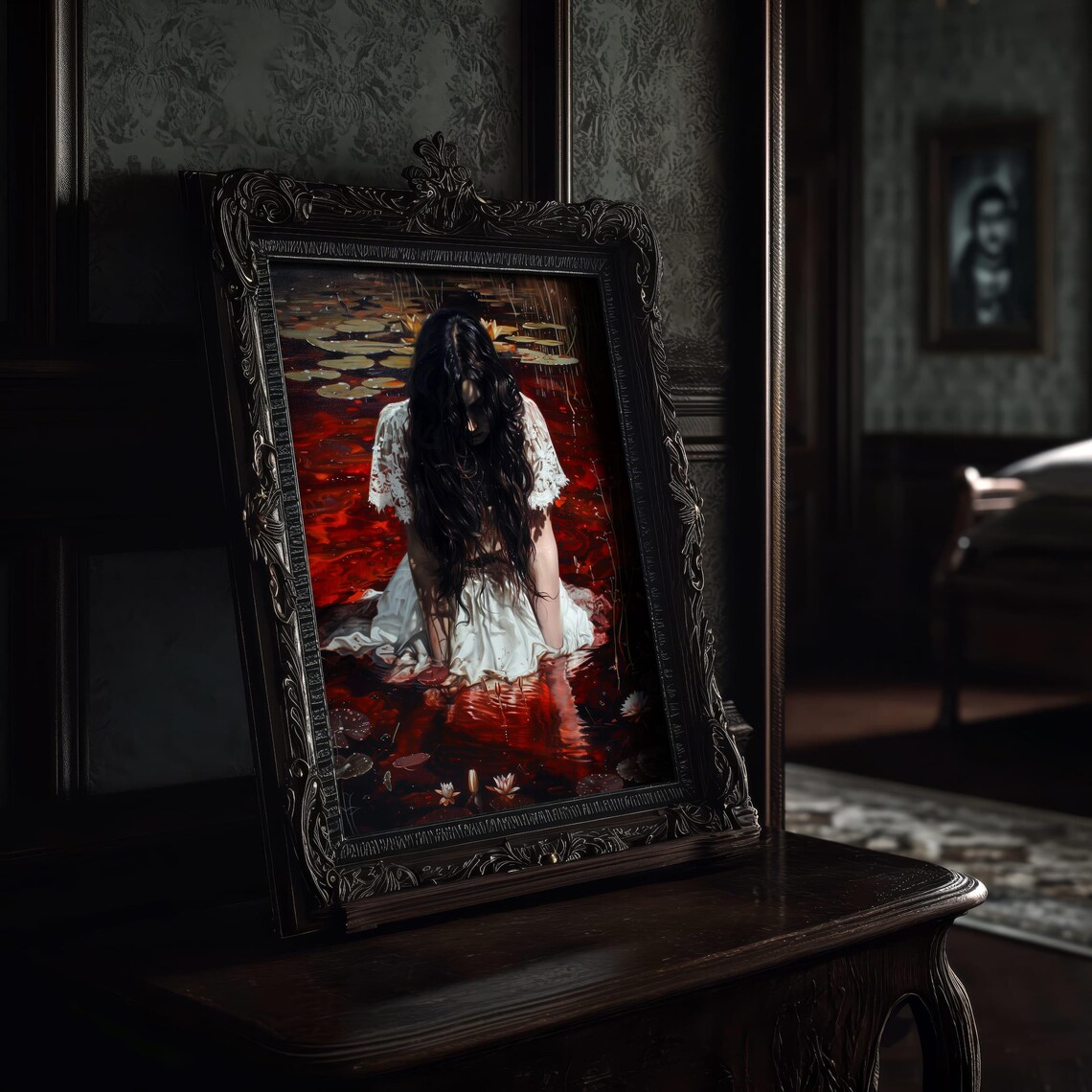 Gothic Woman White Dress Dark Red Water Lily Pond Art Poster - Image 8