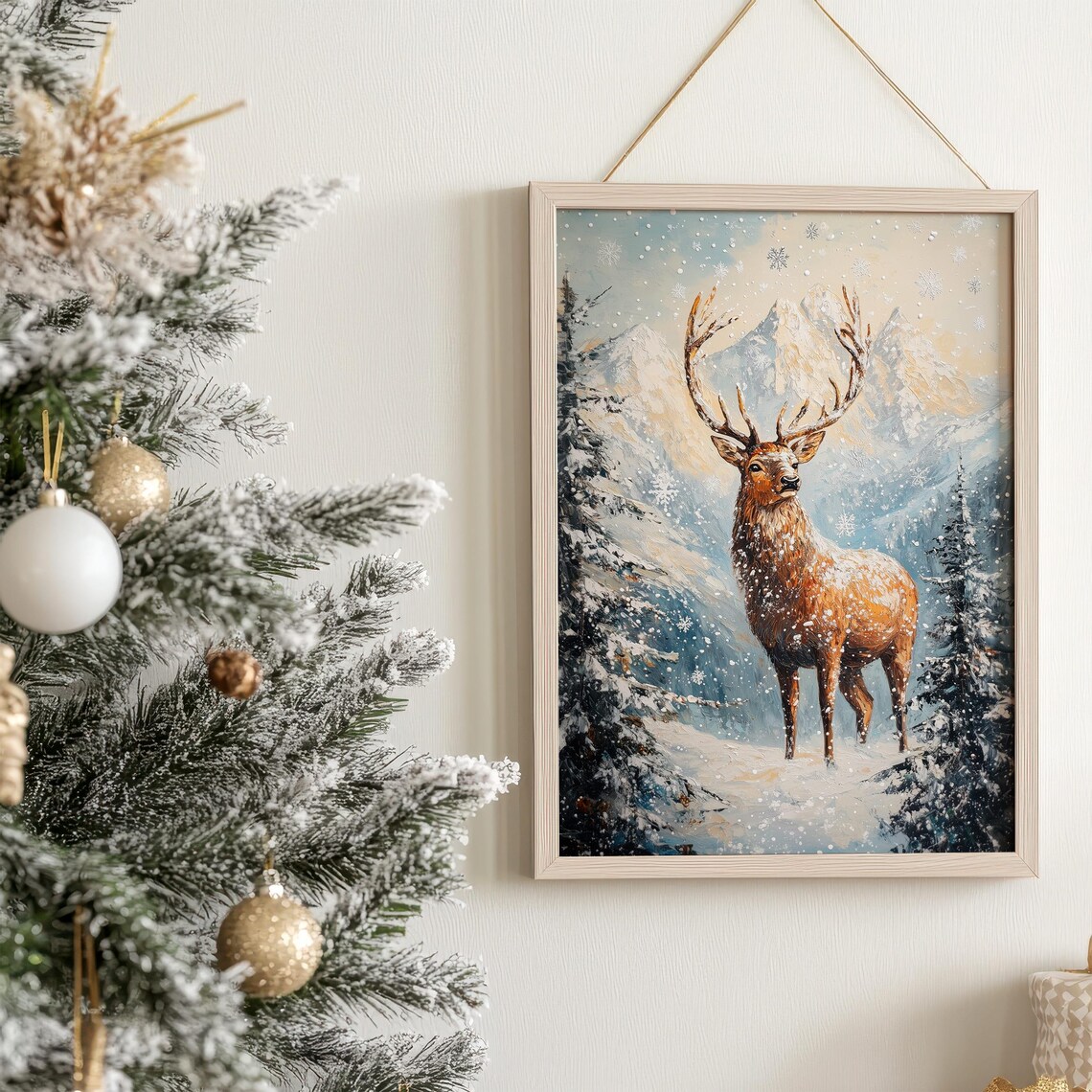 Majestic Stag in Snowy Mountain Landscape with Falling Snowflakes Poster - Image 4