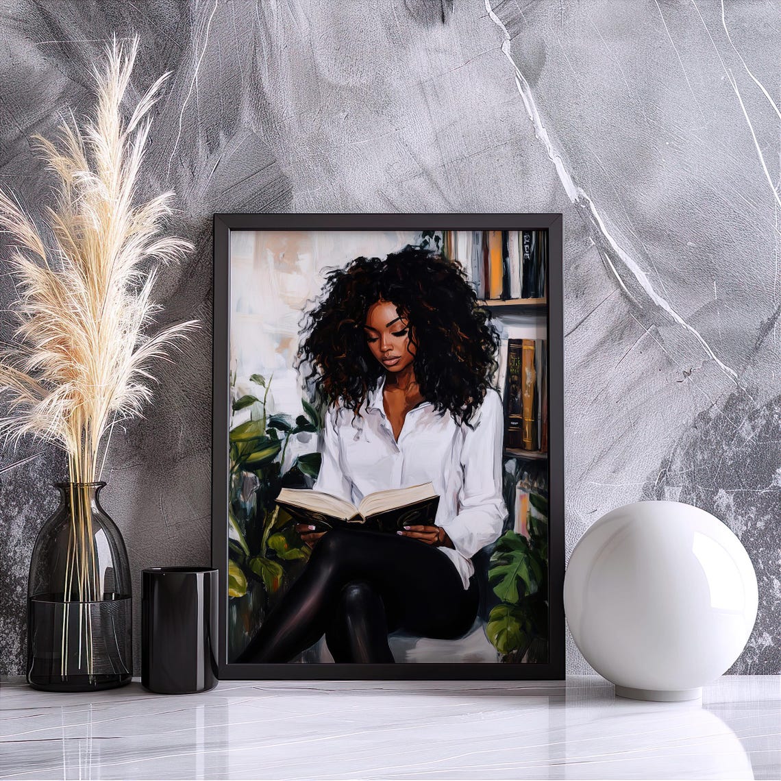 Black Woman With Natural Curls Reading Cozy Bookish Art Poster - Image 3