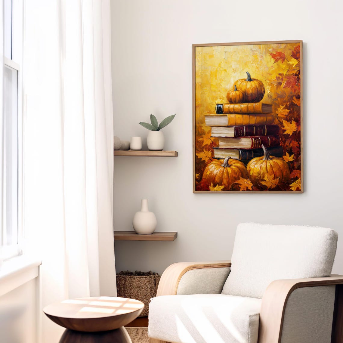 Pumpkin and Book Stack Golden Autumn Leaves Still Life Fall Art Poster - Image 8