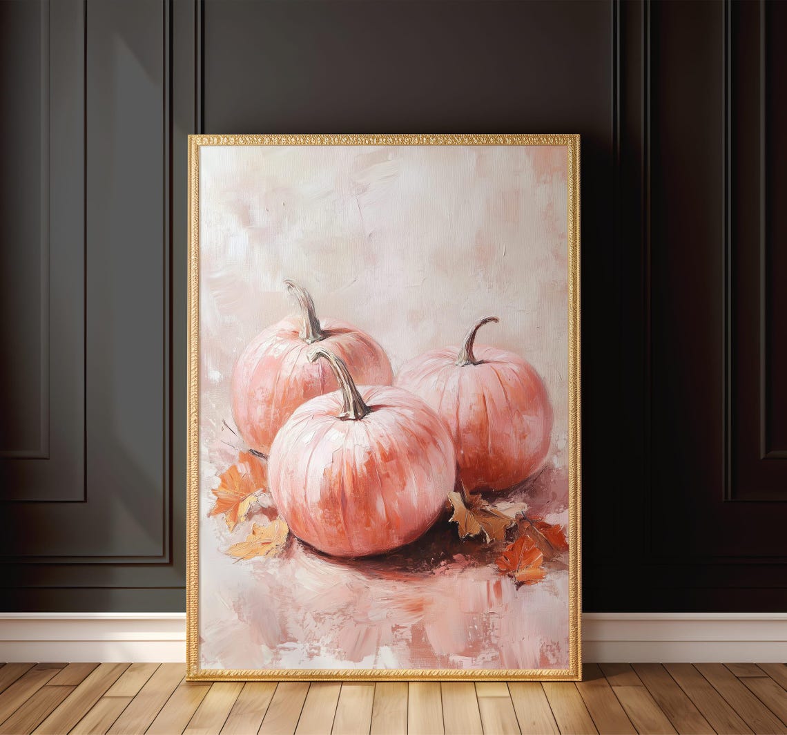 Pink Pumpkins Autumn Leaves Soft Fall Still Life Painting Wall Art - Image 8