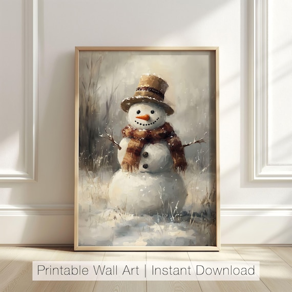 Vintage Snowman Art Print, Rustic Winter Decor