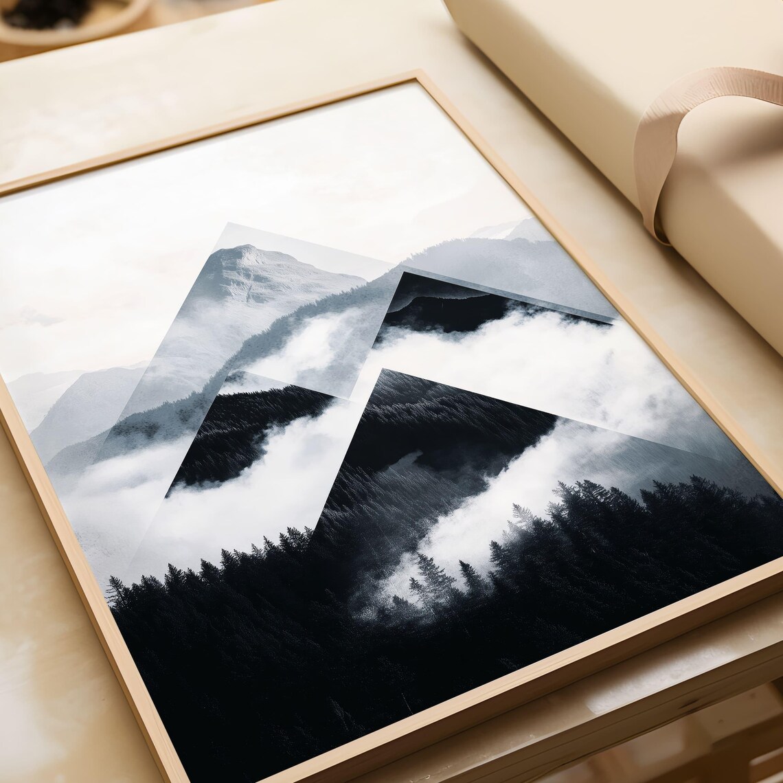 Geometric Triangle Black and White Foggy Mountain Landscape Poster - Image 5