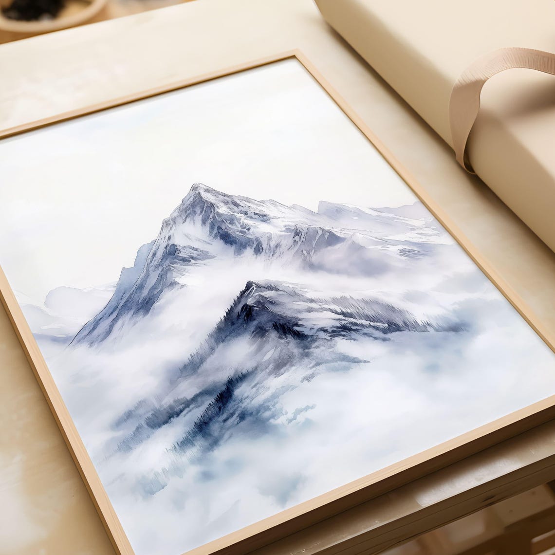 Minimalist Snowy Mountain Peak Dissolving into Soft Misty Fog Poster - Image 5