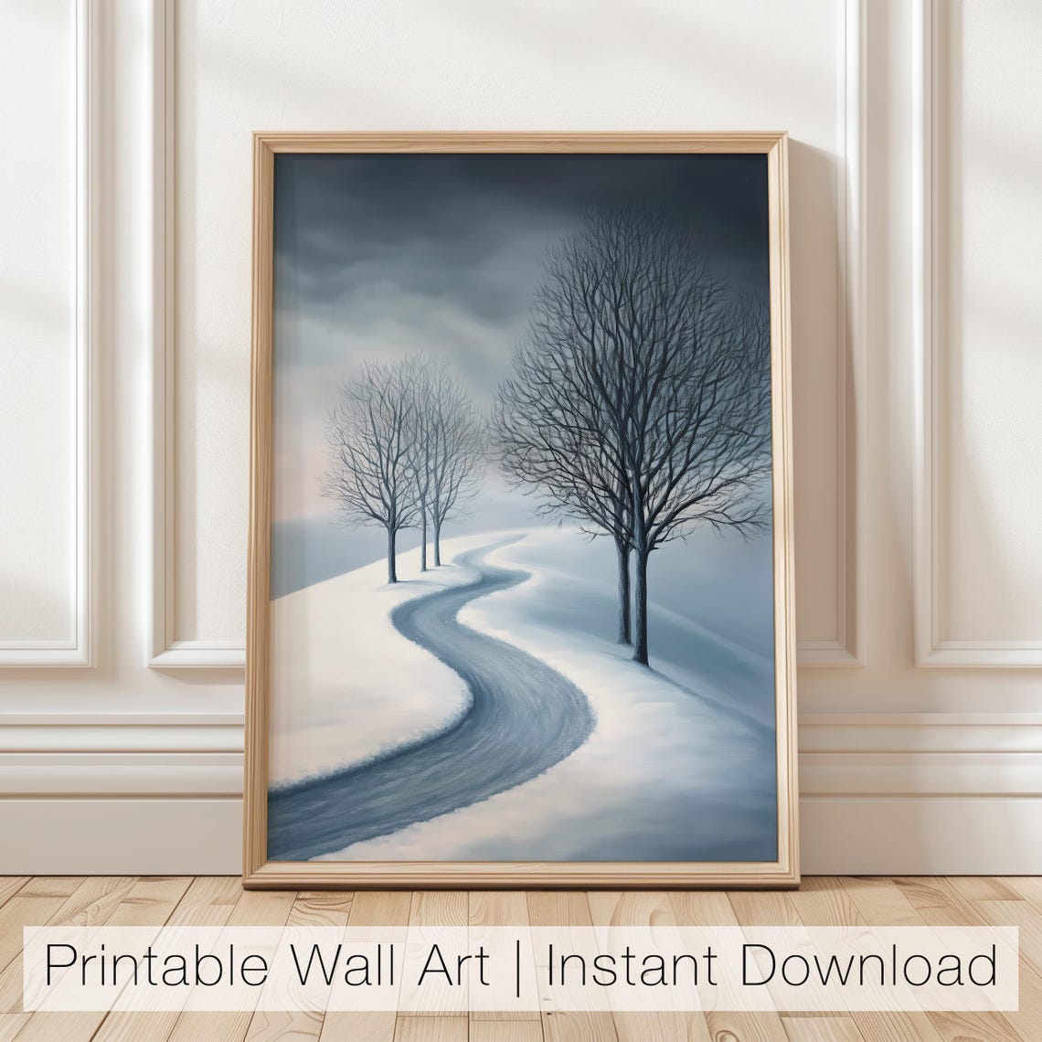 Minimalist Winding Winter Road Through Snowy Bare Trees Poster