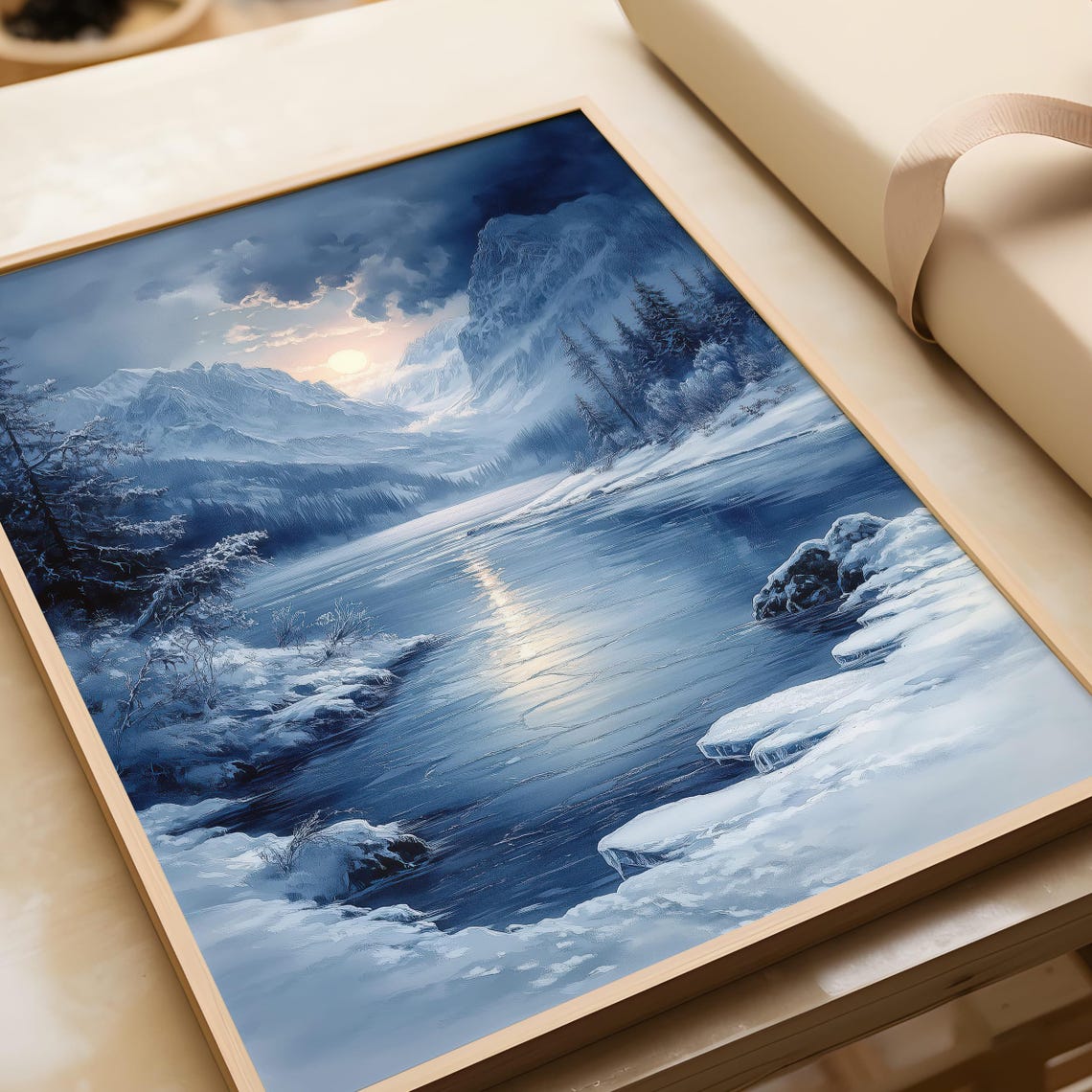 Winter Mountain Valley with Frozen Lake at Sunset in Blue Tones Poster - Image 6