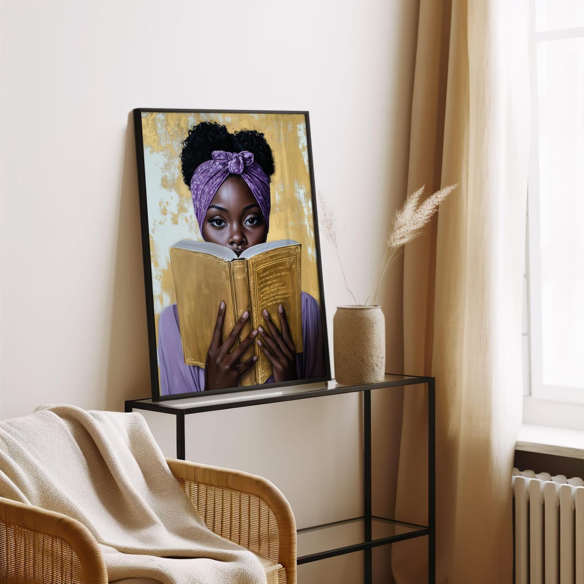 Black Woman Reading Golden Book Purple Headwrap Portrait Poster - Image 4