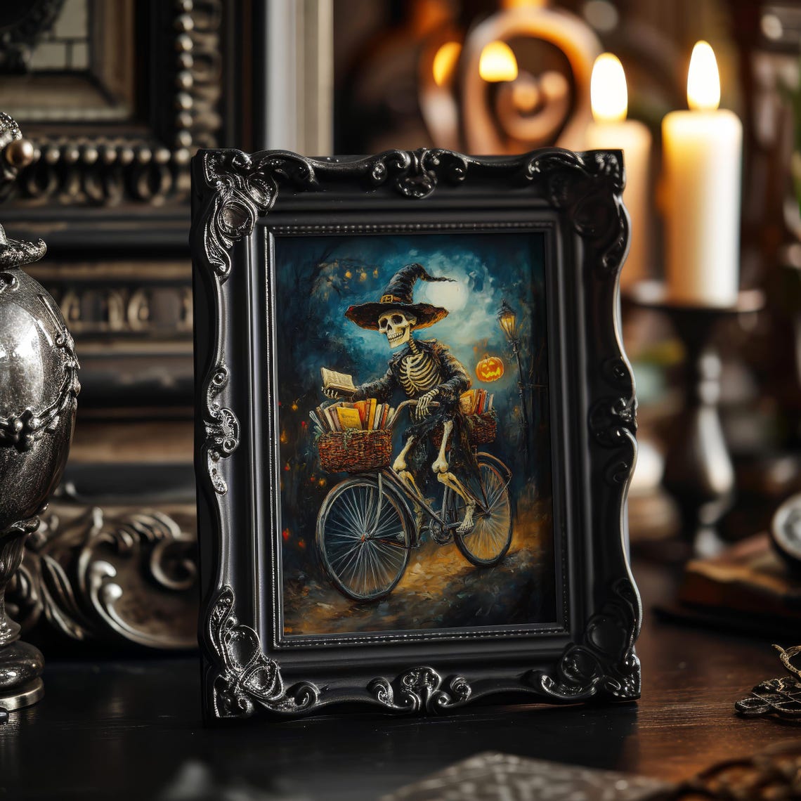 Skeleton Witch Riding Bicycle With Books On Halloween Night Poster - Image 3