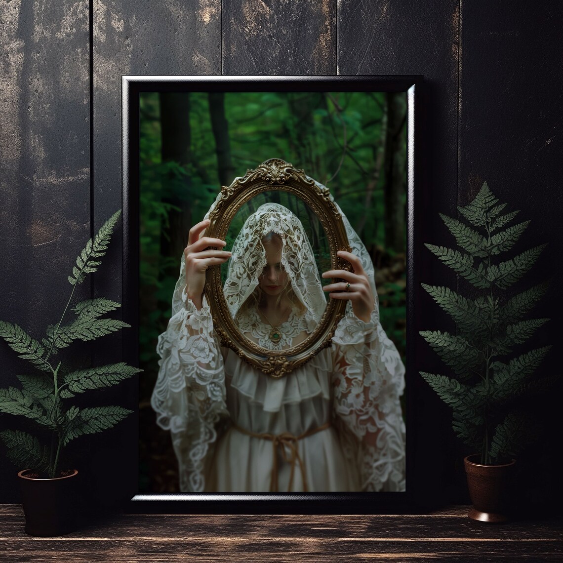 Dark Academia Woman Holding Golden Mirror In Forest Moody Art Poster - Image 4