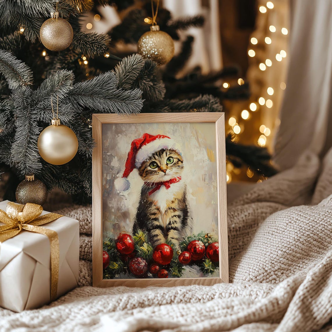 Tabby Kitten in Santa Hat With Christmas Ornaments Painting Poster - Image 3