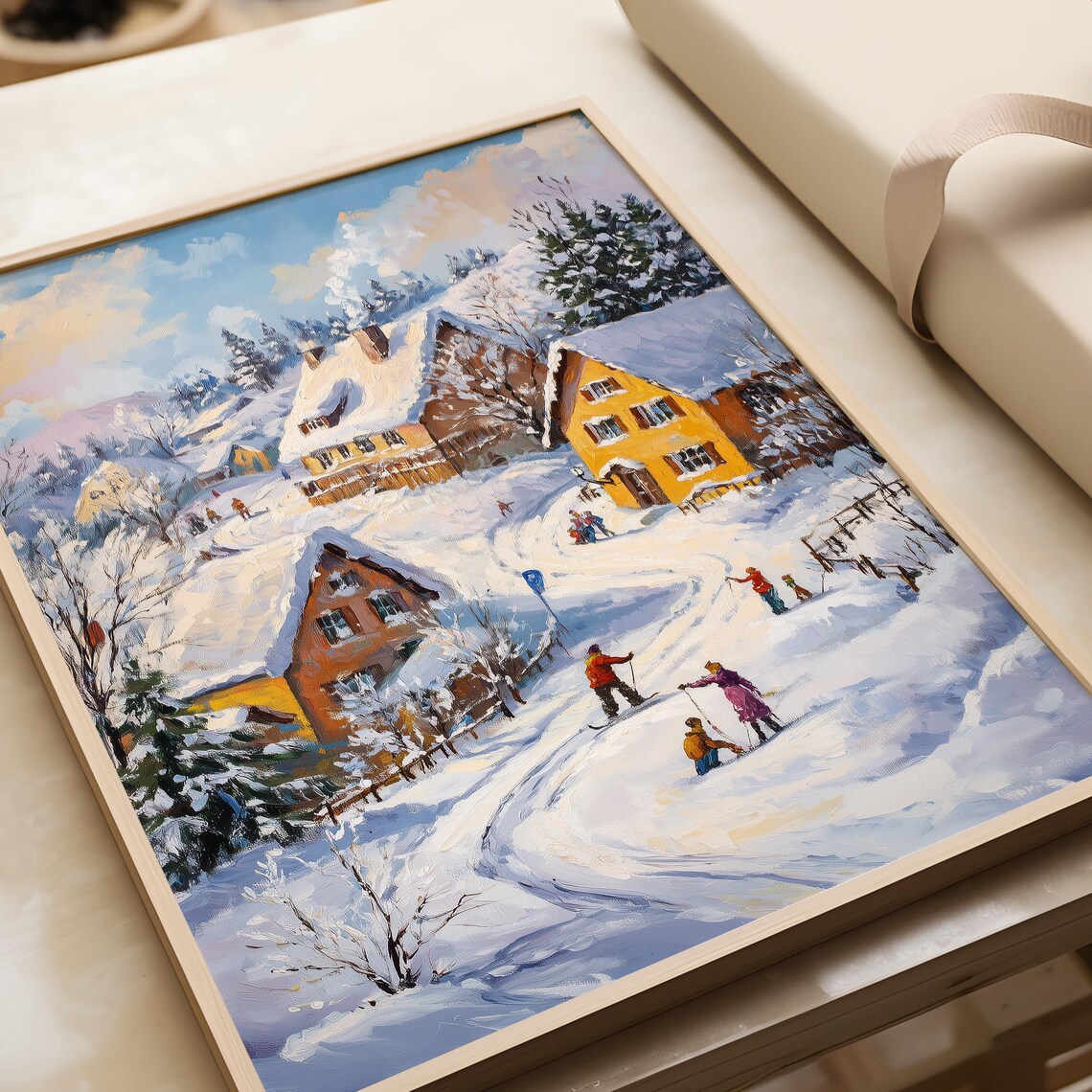 Snowy Village Cottages Winter Sledding Scene Oil Painting Poster - Image 2
