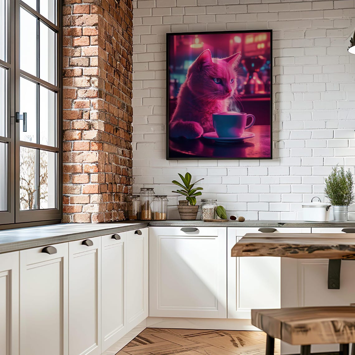Neon Pink Cat With Coffee Cyberpunk Night Cafe Animal Wall Poster - Image 5