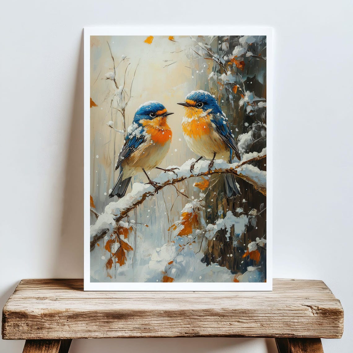 Two Winter Bluebirds On Snowy Branch Seasonal Birds Art Poster - Image 3