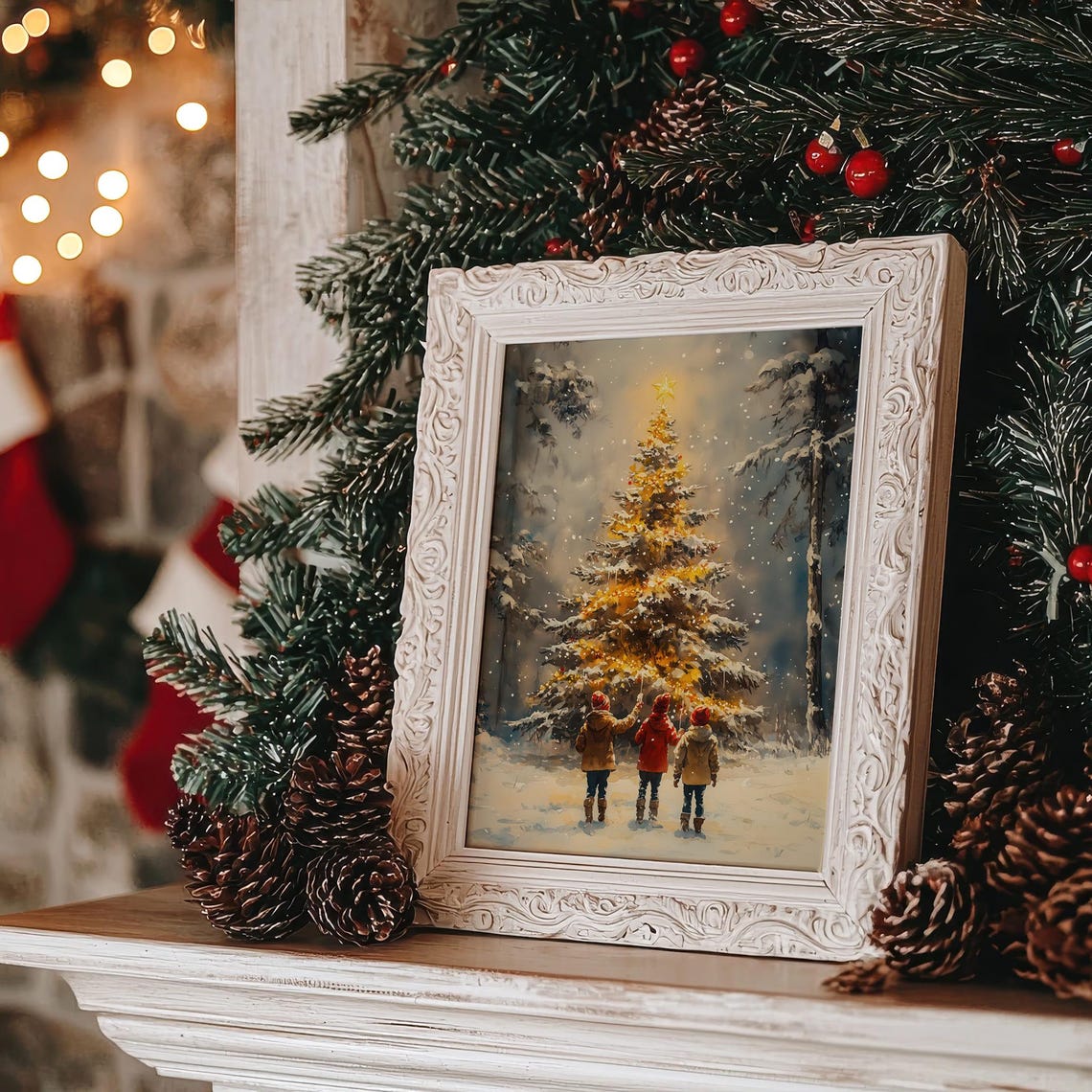 Three Children Admiring Glowing Christmas Tree Snowy Forest Poster - Image 3
