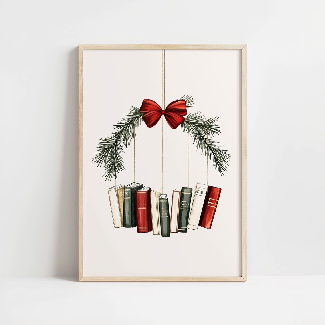 Christmas Book Wreath Hanging Books With Red Bow Holiday Decor Art Poster - Image 8