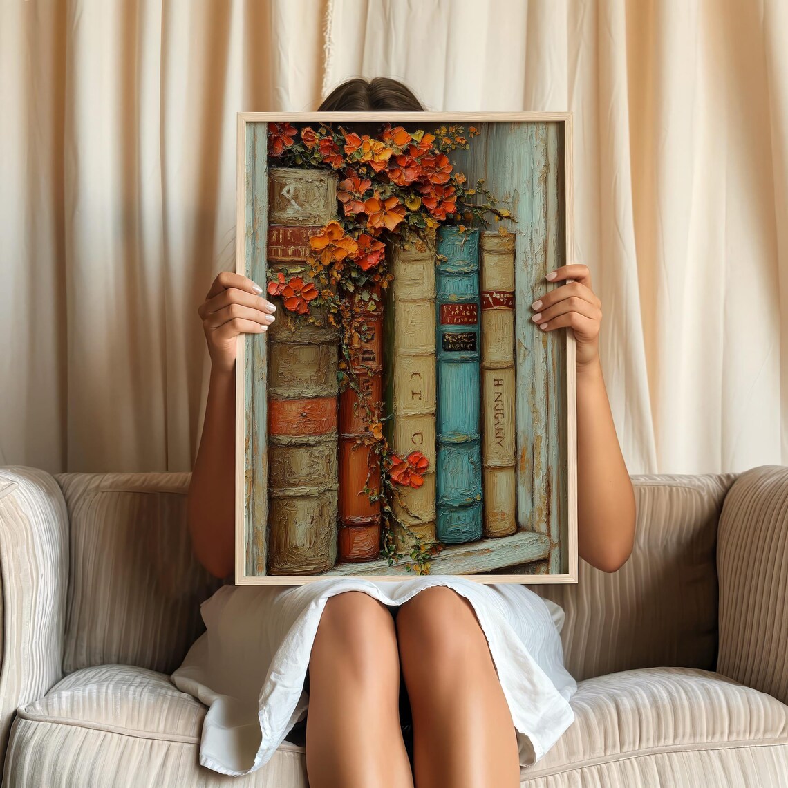 Vintage Books With Orange Flowers Impasto Oil Painting Poster - Image 2
