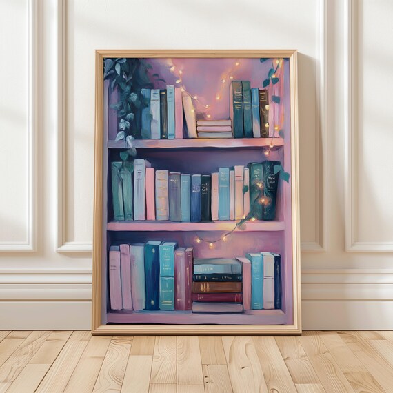 Pastel Pink Bookshelf With Glowing Fairy Lights Cozy Decor Poster