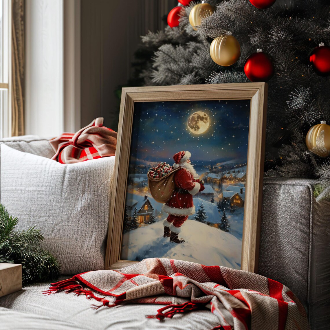Santa Claus Christmas Night with Full Moon Art Print - Image 2