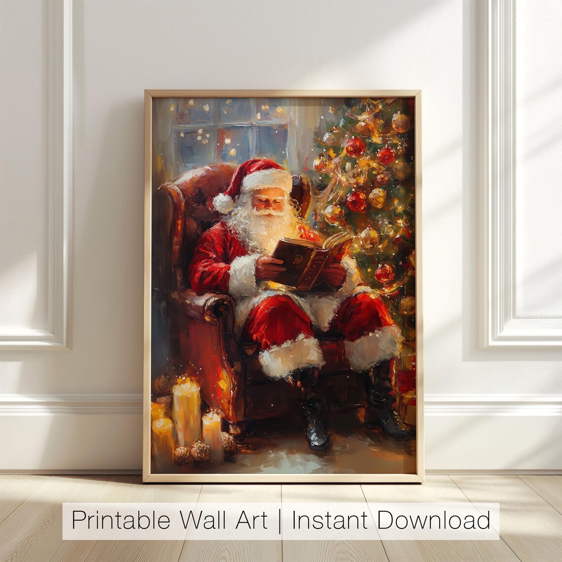 Santa Claus Reading Christmas Tree Wall Art Print