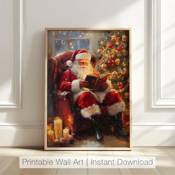 Santa Claus Reading Christmas Tree Wall Art Print