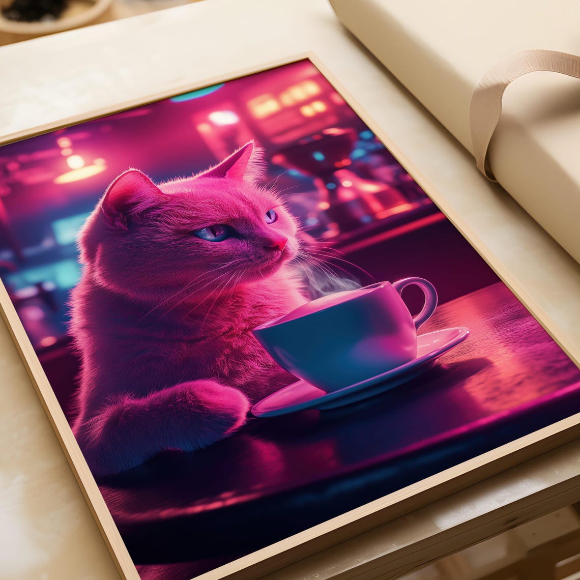 Neon Pink Cat With Coffee Cyberpunk Night Cafe Animal Wall Poster - Image 6