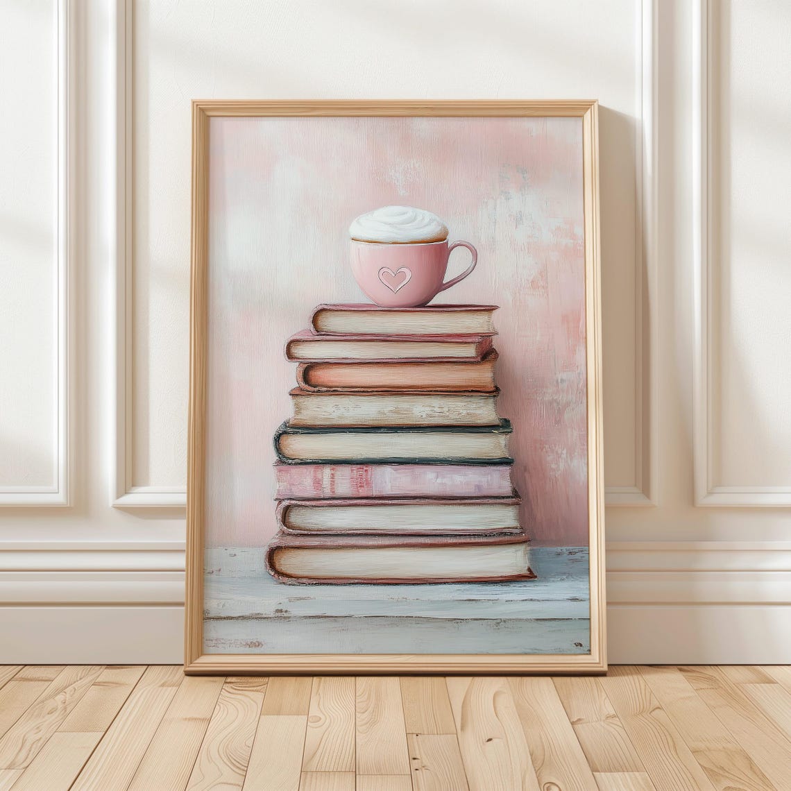 Pink Coffee Cup on Stack of Books Shabby Chic Reading Nook Poster
