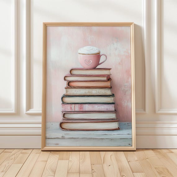 Pink Coffee And Books Art Print Cozy Book Lover Decor Feminine Reading Nook Wall Art Vintage Book Stack Print
