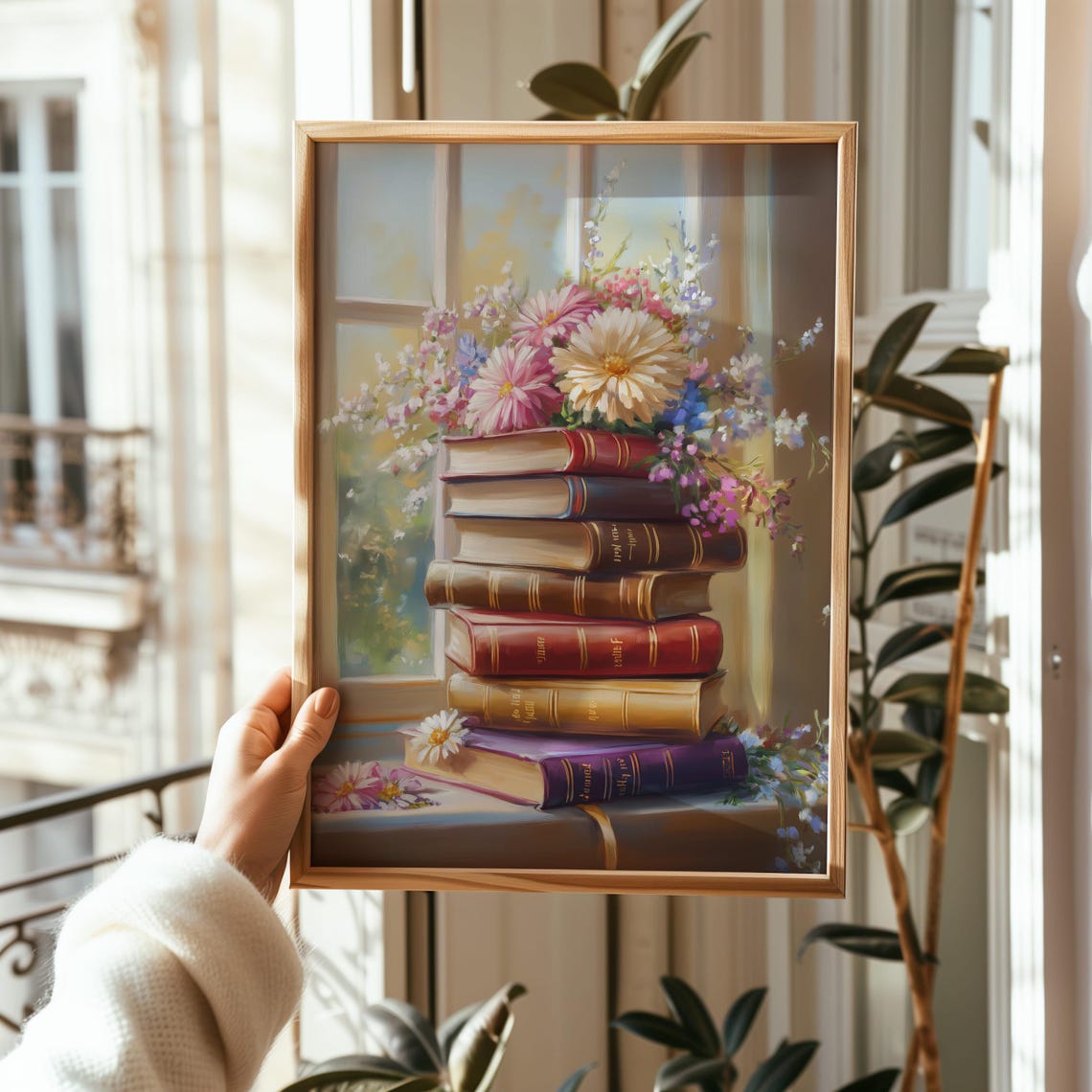 Vintage Books Stack With Flowers Window Literary Decor Poster - Image 5