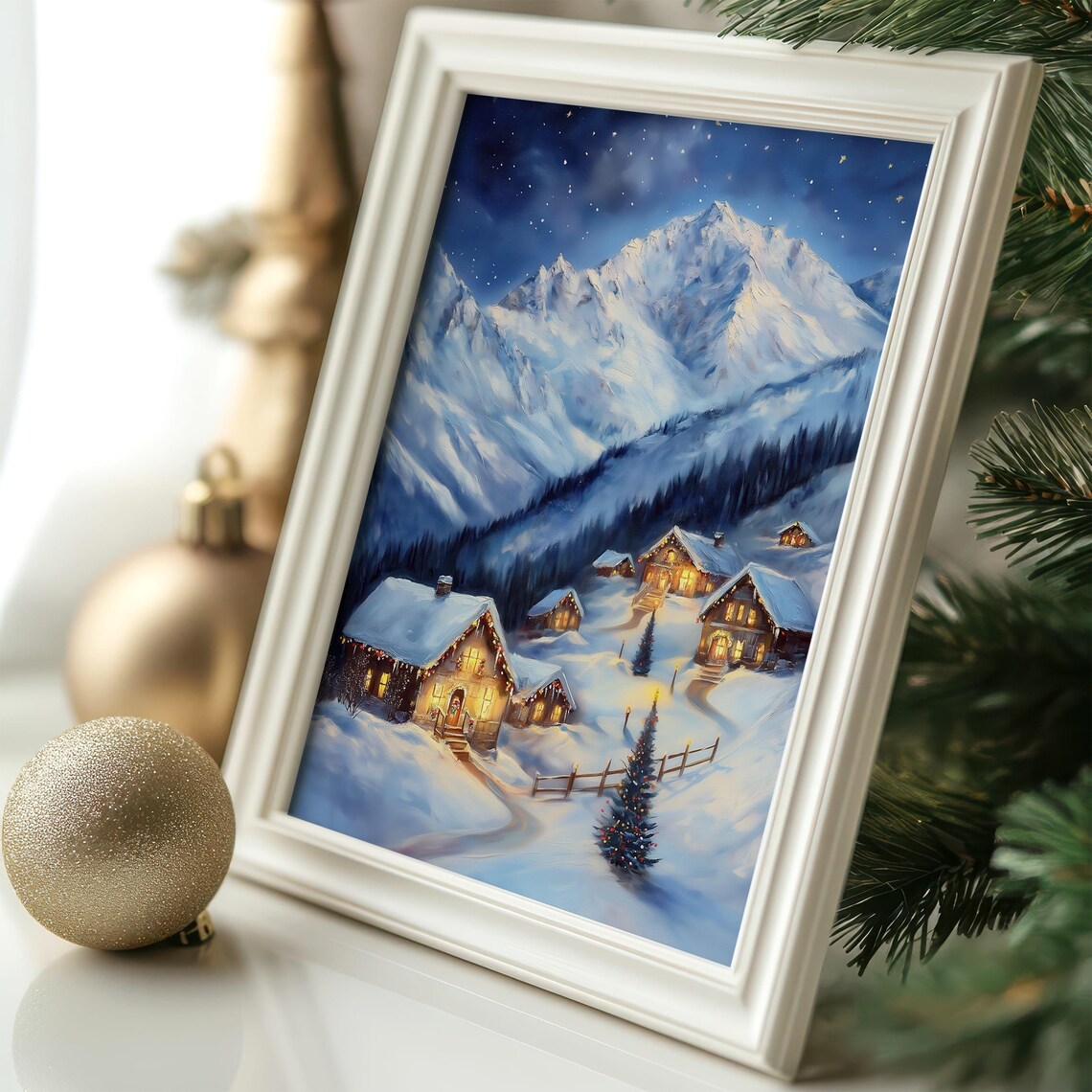 Christmas Alpine Village at Night with Decorated Tree and Cabins Poster - Image 6