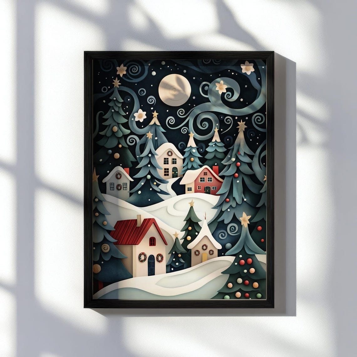 Whimsical Snowy Night Village Paper Cut Style Christmas Poster - Image 7