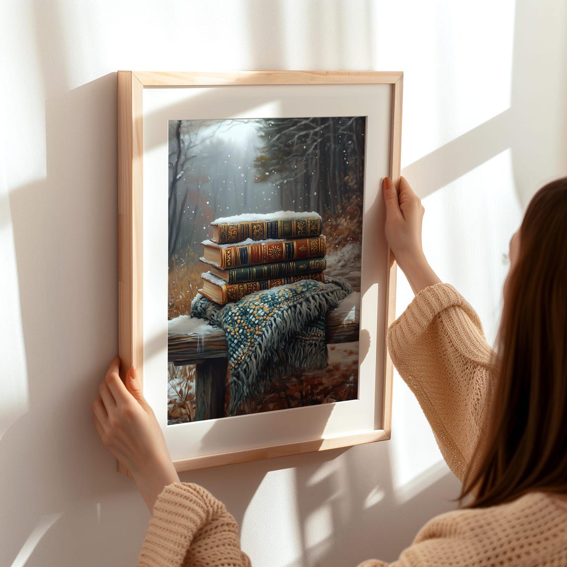 Stack of Vintage Books in Snow on Wooden Bench Winter Forest Poster - Image 7