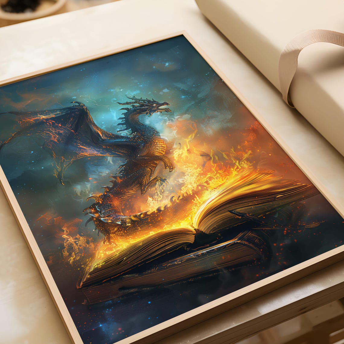 Fiery Dragon Rising From Burning Book Epic Fantasy Art Poster - Image 7