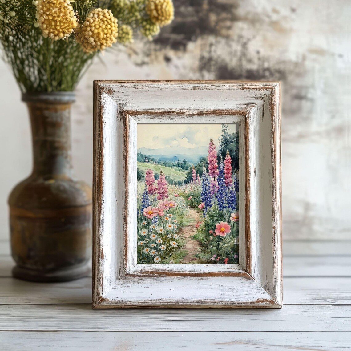 Watercolor Wildflower Path Pink Lupines Daisies Rolling Hills Spring Poster - Image 2
