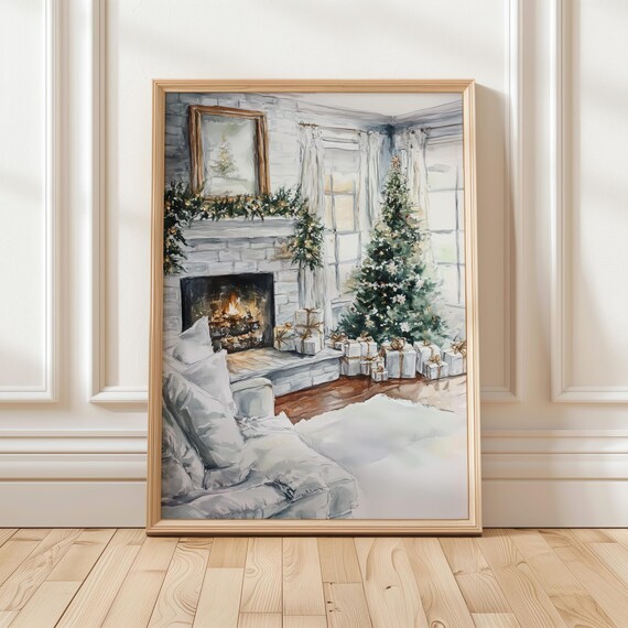 Cozy Christmas Living Room Watercolor Fireplace Scene Poster